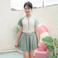 CocoDream 女童青少年雙色插肩短袖半拉鍊裙式連身泳衣 2530