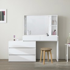파로마 헤브 LED 조명 확장형 콘솔 서랍장 화장대 + 원목 쿠션 의자 방문설치, 화장대(화이트), 의자(트위드 브라운)