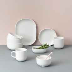 BOWLBOWL Retro Line 雙人居家餐具組 9p, 飯碗 2p+湯碗 2p+馬克杯300ml 2p+橢圓迷你碗 1p+甜點碗 1p+橢圓盤 1p, 牛奶白