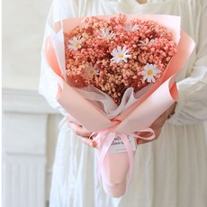 Scent Basket 雛菊滿天星永生花LED燈飾花束, 粉紅色