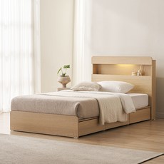 스칸디아 앤디 LED 3단 수납 침대 프레임 + 7존 독립스프링 매트리스 세트 방문설치, 오크 (프레임), 아이보리 (매트리스)