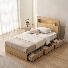 스칸디아 앤디 LED 3단 수납 침대 프레임 + 양모 라텍스 7존 독립스프링 매트리스 세트 방문설치, 오크 (프레임), 라이트그레이 (매트리스)