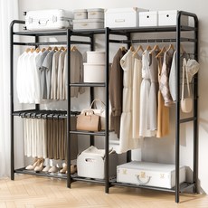 코멧 철재 스탠드 드레스룸 수납 행거, 블랙