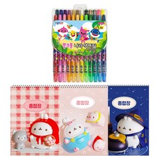 JONG IE NARA Molang 綜合練習本 3款 + 碰碰狐 鯊魚寶寶 24色彩色鉛筆套組, 隨機出貨(綜合練習本), 1套