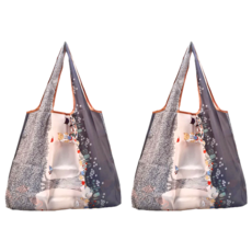 FIFIOO 超質感厚實環保購物袋 大容量 可折疊收納 39g, 樹貓咪, 2個, 展開40 x 38 x 23cm 收納11 x 10.5 x 1cm