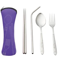 生活King 不鏽鋼5件式隨身餐具組 含收納袋, 顏色隨機, 1組