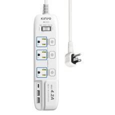 Kinyo 高溫斷電延長線 3孔 4開3插 3USB 475g, 1.8m, 白色, 1條