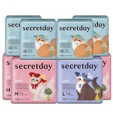 secretday Love蝶翼型衛生棉套組, 1組, M(16片)*3包+L(14片)+加長護墊(20片)*4包