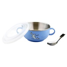ZEBRA THAILAND 斑馬牌304不鏽鋼雙耳兒童隔熱碗 11cm 雙層隔熱 250ml 可愛造型圖案 附防塵蓋, 附湯匙, 藍色, 1組