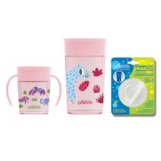 닥터브라운 아동용 NEW 정글 360도 흘림방지 트레이닝 손잡이 컵 2종 200ml 300ml + 실리콘 교체킷 세트, 핑크, 1세트