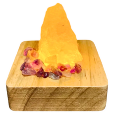 ROSE GEM 瑰麗寶 鹽燈小靈, 天然玫瑰鹽 + 多彩水晶鹽, 木質底座, LED燈, 電線, 6 x 6 x 6cm, 紫水晶 火, 1組