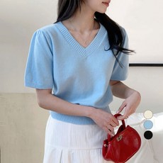 afinar 女款氣球袖V領日常短袖針織衫