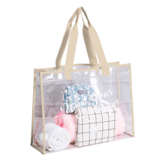 大容量透明沙灘包 防水肩揹包 托特包 泳池運動包 米色, 47.5 x 35 x 15cm