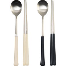 RAONNURI 素色握柄勺筷組, 象牙白+黑色, 湯匙 2入+筷子 2雙