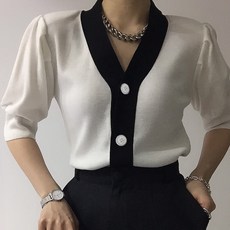 ViVEMO 女款皇后風泡泡袖大鈕扣短袖針織開襟衫 00330