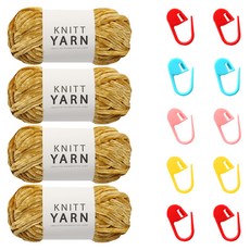 Knitt Honey絲絨毛線 100g*2捆+織針環 5個組, 芥末+隨機出貨, 2組