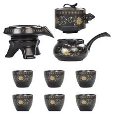 時來運轉 陶瓷 泡茶器 Set, 鎏金自動茶具, 1組, 茶壺 + 茶海 + 底座 + 茶杯 6個, 金盞花