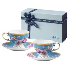 A&L 骨瓷咖啡對杯禮盒組 花樣春晚 骨粉含量43%以上, 花樣春曉 翠藍色, 1組
