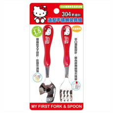 Sanrio 三麗鷗 Hello Kitty 凱蒂貓 造型不鏽鋼餐具組, 304不鏽鋼, 適用年齡1.5歲以上, 湯匙 + 叉子, 紅色 KT68141a, 1組