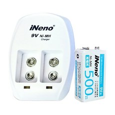iNeno艾耐諾 9V 500mAh 鎳氫充電電池 + 9V鎳氫專用充電器組 角型急速充電器 摺疊式插頭, 1組
