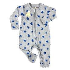 抱抱羊 灰底藍星星羊雙拉鍊長袖連身衣 12~18M - 柔軟竹纖維，舒適透氣, Gray