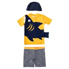 男童款 短袖分體泳衣 上衣 + 泳褲 + 泳帽