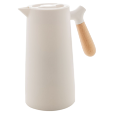 北歐木柄保溫壺 1L 密封PP加厚玻璃內膽 長效保溫, 珍珠白, 1個