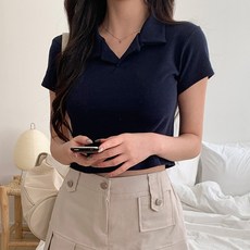 시크블랙 여성용 키루하 카라넥 PK 반팔 크롭 티셔츠 cpt16356k52