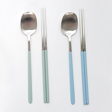 Willive 304不鏽鋼粉彩色系餐具組, 2組, 湯匙+筷子, 綠色+藍色