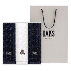 DAKS 針織提花 高級 洗臉毛巾 40支 170克 精梳棉 3入 禮盒組 + 購物袋, 1組, 白色海軍