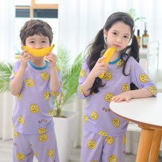 bonumam 兒童涼感咆哮七分人造絲單層家居服上下套裝