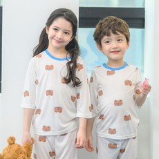 bonumam 兒童涼感藍色蝴蝶結熊七分人造絲家居服上下套裝