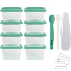 Beverac Elpa Square Cube 嬰兒食品容器 120 毫升 x 8 件 + 矽膠勺步驟 1 + PP 勺子 + 名字貼紙 24 件套, 薄荷綠, 1組