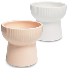 MONAGIO 條紋斜面圓形陶瓷寵物碗, 白色，杏色