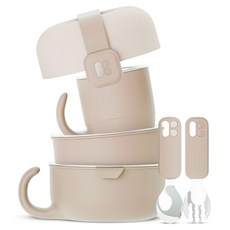 마더케이 허그 스테인리스 식기 세트, 핑크베이지, 뚜껑 + 그릇 2종 + 컵 + 포크 + 스푼 + 고정 밴드, 1개