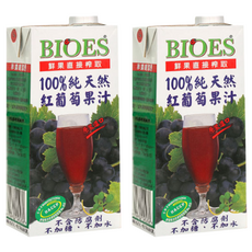 BIOES 囍瑞 100%純天然紅葡萄汁原汁, 果實直接榨取, 不含防腐劑, 不加糖, 不加水, 1L, 2瓶