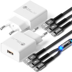 Seoga 快速充電 QC3.0 18W USB 高速充電器 + 金屬 C型 2合1 多功能高速傳輸線 1.2m 套組, 白色, 2套