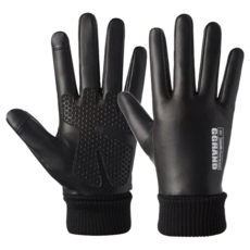 GGHAND 防潑水加絨止滑觸屏全指手套 - PU皮革 加長束口腕口, L, 黑色