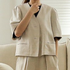 B9 女款透氣修身短版短袖亞麻外套