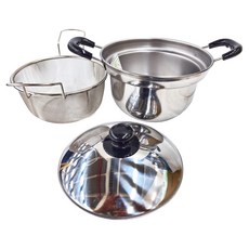 SHIMOMURA 下村 雙耳深湯鍋 帶濾網 日本製不鏽鋼防溢3件組, 22cm, 1組