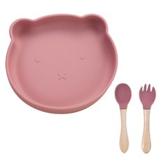 RAONDAM 幼兒用小熊矽膠吸附餐具組, 1套, 餐盤 + 湯匙 + 叉子, 粉紅色