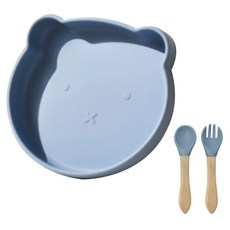 라온담 유아용 곰돌이 실리콘 흡착 식기 세트, 블루, 1세트, 식판 + 스푼 + 포크