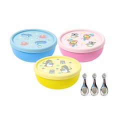 KOM 316不鏽鋼兒童隔熱碗附湯匙+食品級矽膠碗蓋, 獅子+企鵝+鯨魚, 1組