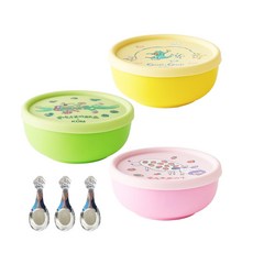 KOM 316不鏽鋼童書聯名兒童隔熱碗, 青菜鱷魚+水果牛+Guji Guji, 矽膠上蓋 + 湯匙, 1組