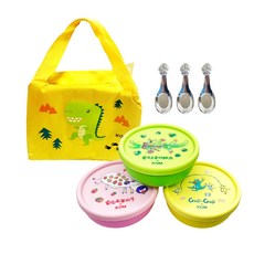 KOM 童書聯名 316不鏽鋼兒童隔熱碗 食品級PP材質 附304匙 雙層隔熱, 青菜鱷魚 + 水果牛 + Guji Guji, 碗3個 + 矽膠上蓋3個 + 湯匙3支 + 便當袋, 1組