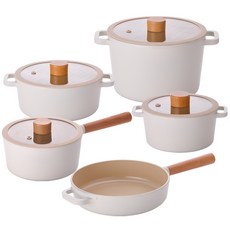 Kitchenwell Tori IH感應陶瓷鍋具組, 1套, 16cm雙耳鍋 + 18cm單柄鍋 + 20cm雙耳鍋 + 22cm湯鍋 + 22cm平底鍋, 米色