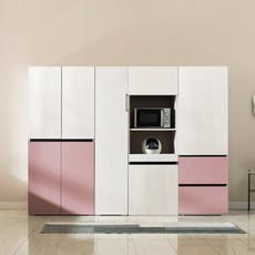 장인가구 플레이트 주방 수납장 1800 + 광파오븐 렌지대 600 방문설치, 크림화이트(800수납장, 600수납장), 핑크(400수납장, 600렌지대)