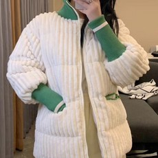 비비에모 여성용 그린 쫀쫀 니트 포인트 빵빵 코듀 로이 겨울 점퍼 02313