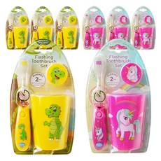 b.brite 孩童計時2分鐘LED燈牙刷+漱口杯+牙刷蓋組 黃色恐龍款+紫色獨角獸款, 8組