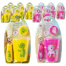 b.brite 孩童計時2分鐘LED燈牙刷+漱口杯+牙刷蓋組 黃色恐龍款+紫色獨角獸款, 12套